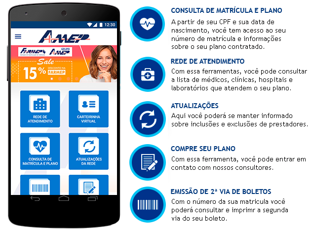 confira as funções do aplicativo AMEP SAÚDE: acesso a rede de atendimento, atualizações sobre seu plano, além de poder consultar seu número de matrícula e plano a partir de seu CPF e data de nascimento