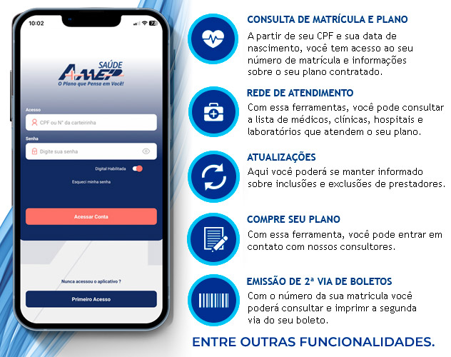 confira as funções do aplicativo AMEP SAÙDE: acesso a rede de atendimento, atualizações sobre seu plano, além de poder consultar seu número de matrícula e plano a partir de seu CPF e data de nascimento